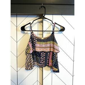 Raga Women’s XS Blue Pink Flower Star Ruffle Spaghetti Strap Babydoll Crop Top